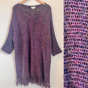 Umgee Women’s Large Oversize Bohemian Tunic Fringe Hem Knit Sweater Purple Pink